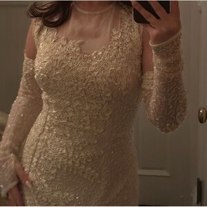 Elegant Ivory  Lace Dress with matching gloves with matching purse